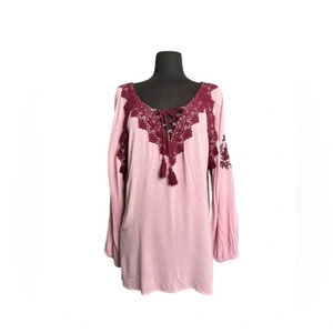 Given Kale Floral Bohemian Embroidered Pink  Long sleeve Blouse  l